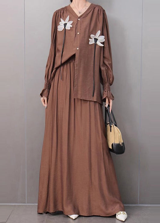 Women's V Neck And Skirt Set Organic Cotton Khaki Relaxed Fit - OutfitLondon
