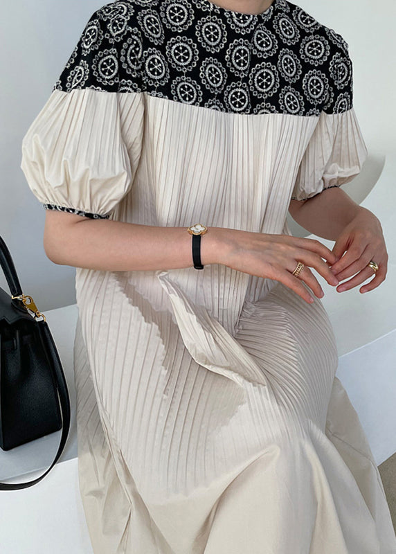 Women's Cotton Pleated Dress Organic Patchwork Puff Sleeves - OutfitLondon