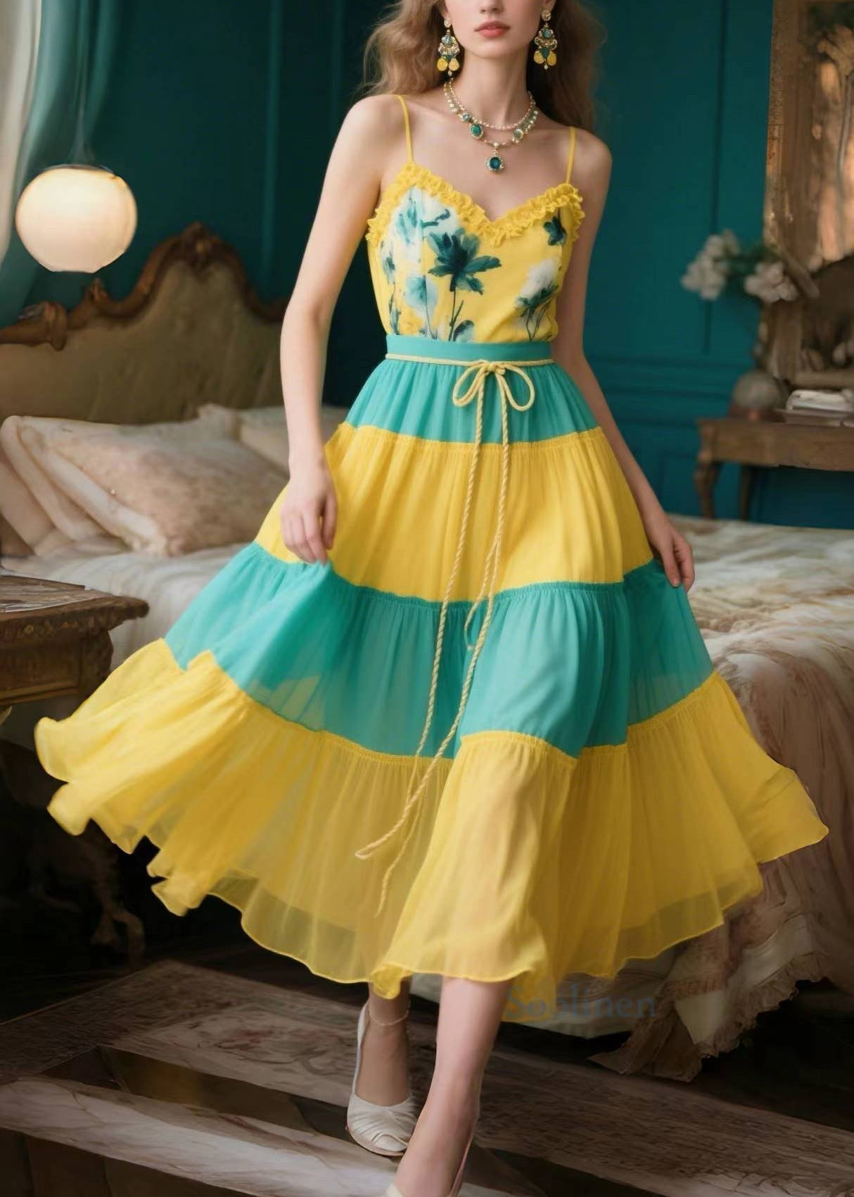 Women's Silk Chiffon Summer Dress Spaghetti Strap Yellow - OutfitLondon