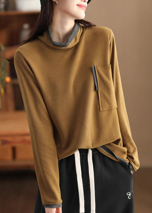 Women's Yellow Cotton Turtleneck Shirt Organic Loose Fit - OutfitLondon