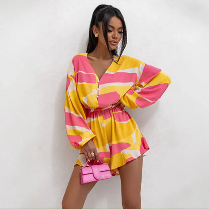 Women's Floral Long Sleeve V Neck Romper Dress