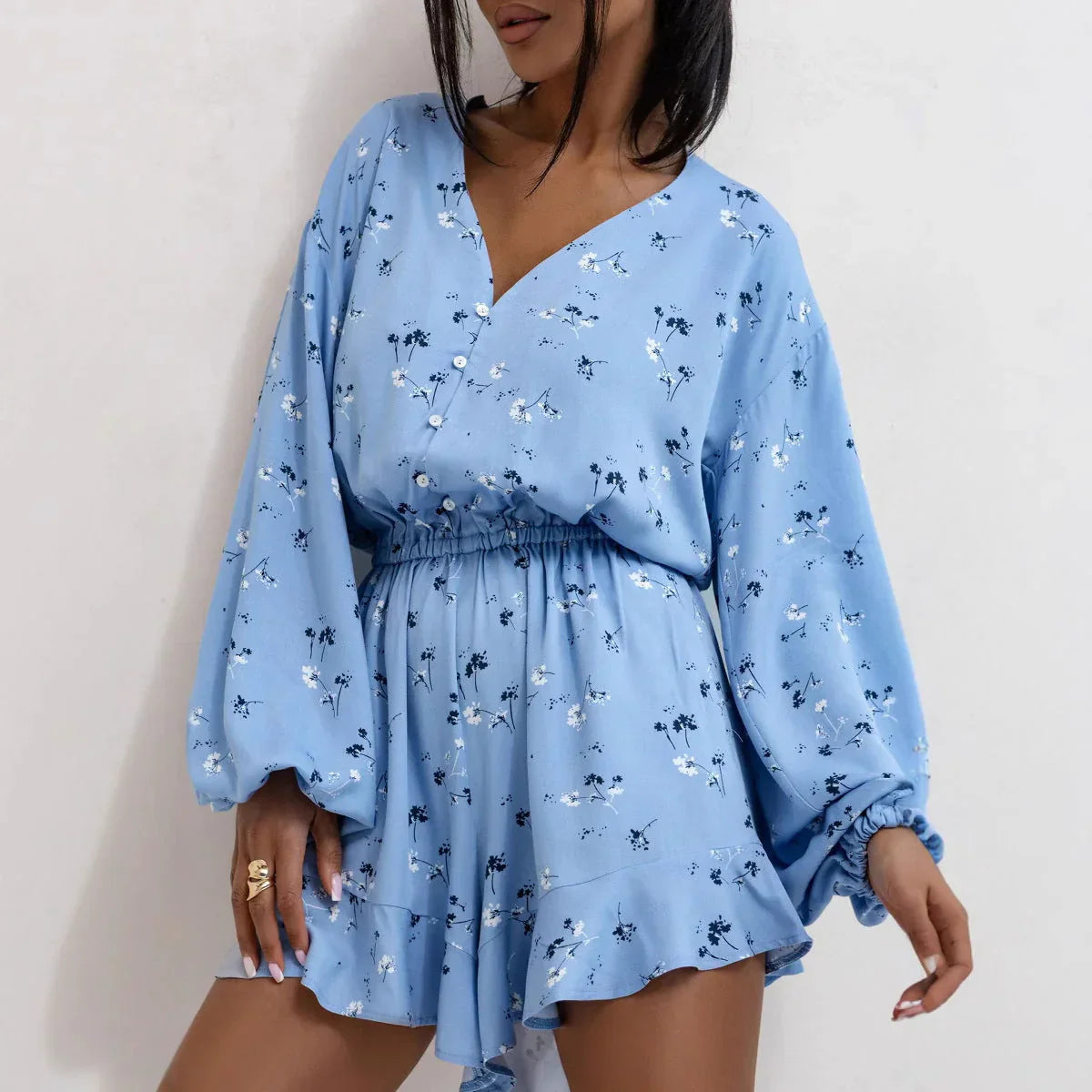Women's Floral Long Sleeve V Neck Romper Dress