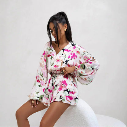 Women's Floral Long Sleeve V Neck Romper Dress