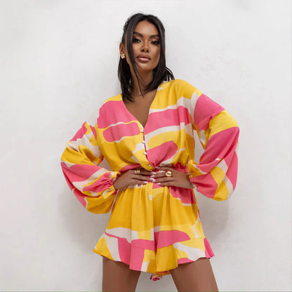 Women's Floral Long Sleeve V Neck Romper Dress - OutfitLondon