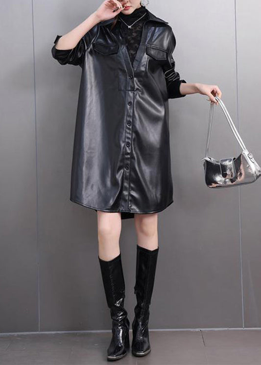 Women's Black PU Trench Coat Peter Pan Collar - OutfitLondon