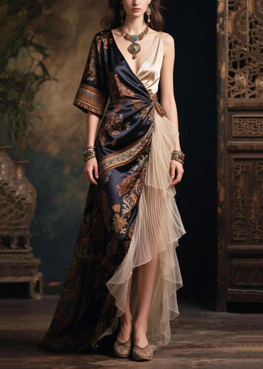 Women's Asymmetrical Maxi Dress Silk Blend Elegant Black - OutfitLondon