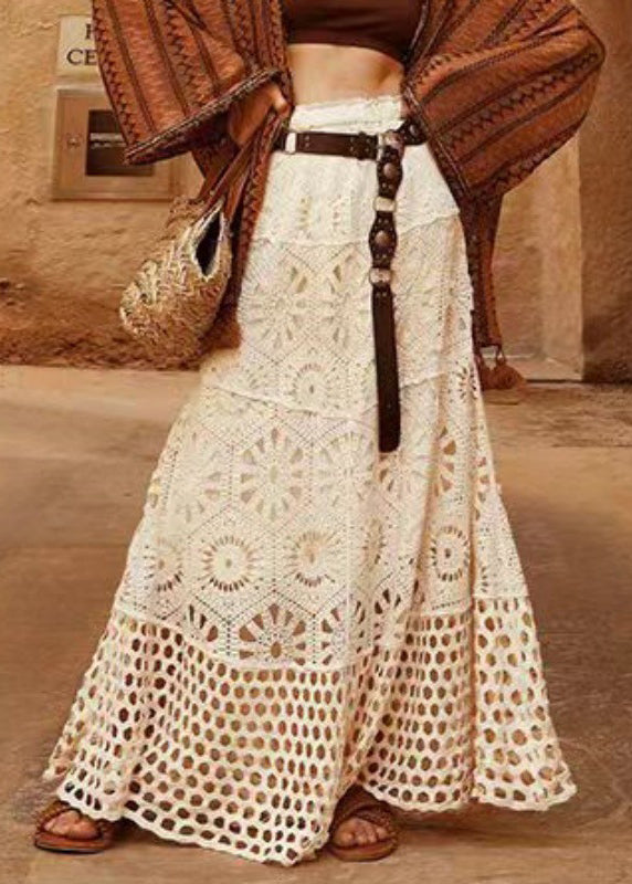 Women's Beige Lace Trapeze Skirt Elastic Waist - OutfitLondon