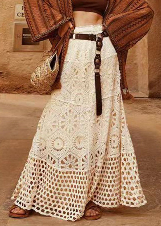 Women's Beige Lace Trapeze Skirt Elastic Waist - OutfitLondon
