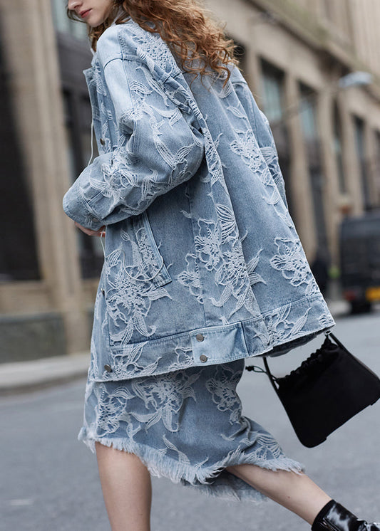Women's Blue Denim Jacket And Skirt Set - OutfitLondon