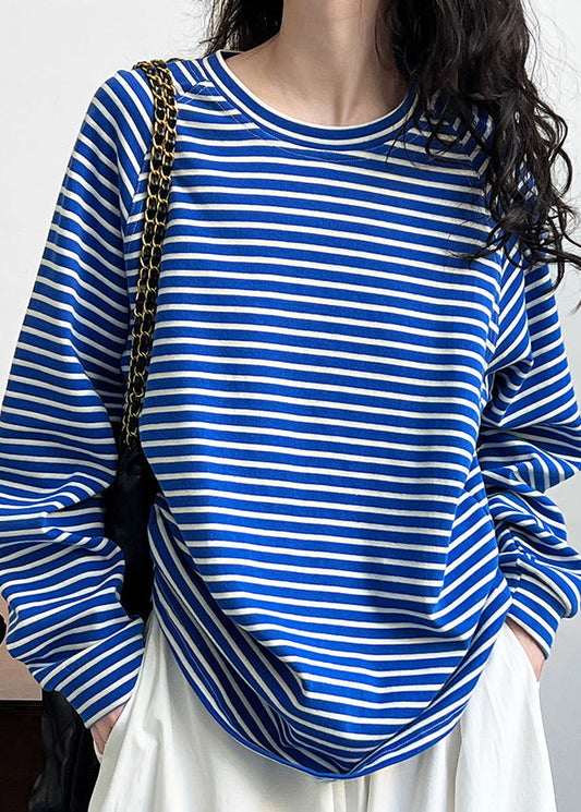 Unisex Cotton Blend T Shirt Blue Striped Round Neck Casual - OutfitLondon