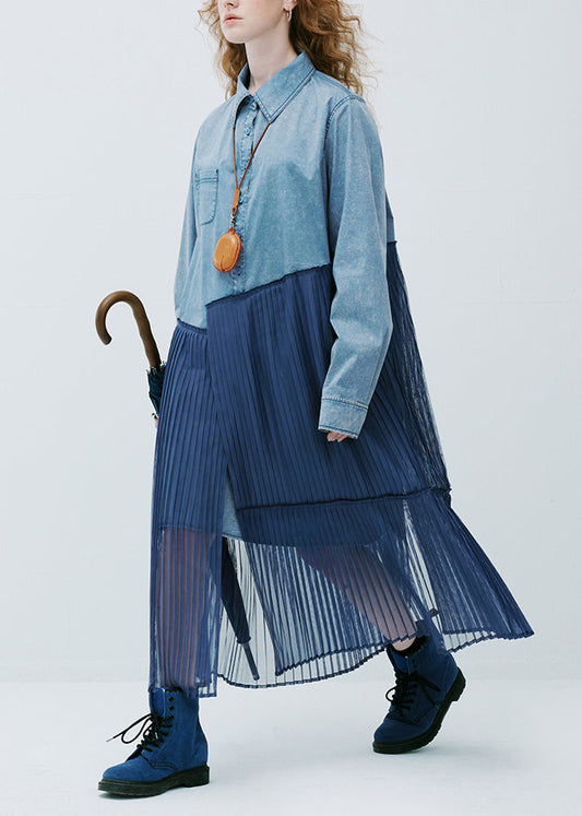 Women's Denim Shirt Dress Patchwork Peter Pan Collar - OutfitLondon