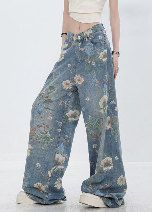 Women's Printed Denim Jeans Blue Flattering Fit - OutfitLondon