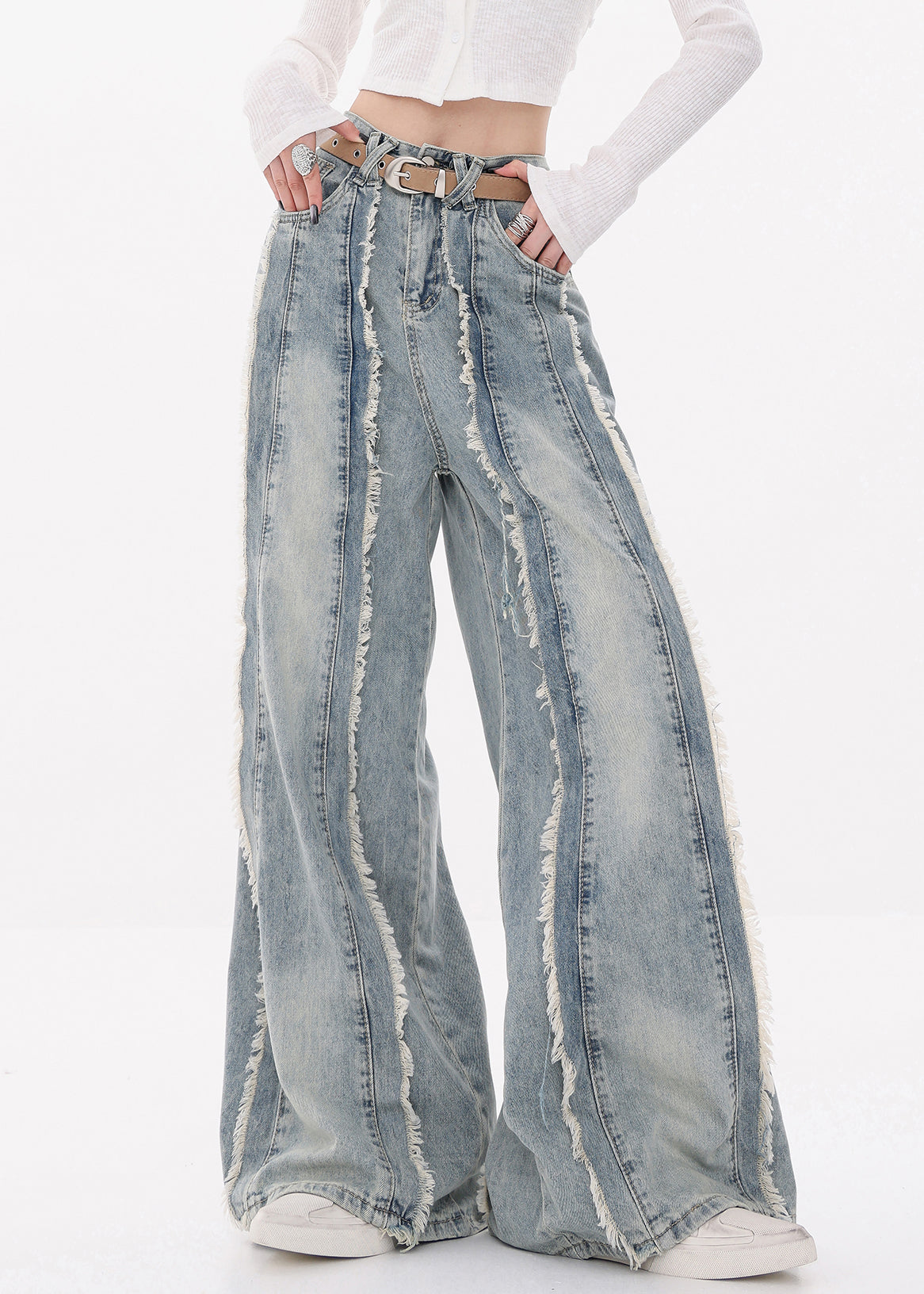 Women's High Waist Blue Jeans Raw Hem Denim - OutfitLondon