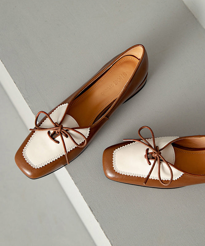 Women's Brown Leather Flats Cowhide Lace Up Comfortable - OutfitLondon