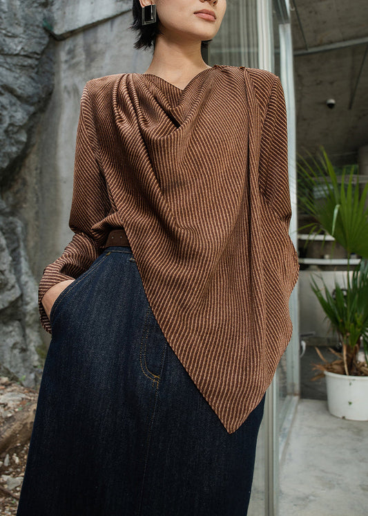 Women's Cotton Blouse Striped Brown Relaxed Fit - OutfitLondon