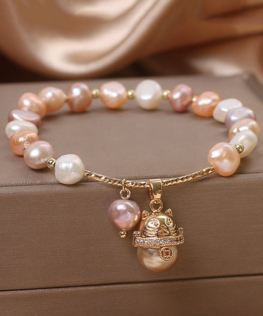 Women's Cat Charm Bracelet Copper Beads Goldtone Pom Pom - OutfitLondon