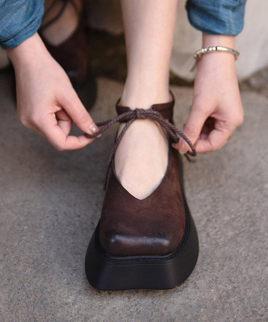 Women's Platform Shoes Cowhide Leather Lace Up Coffee - OutfitLondon
