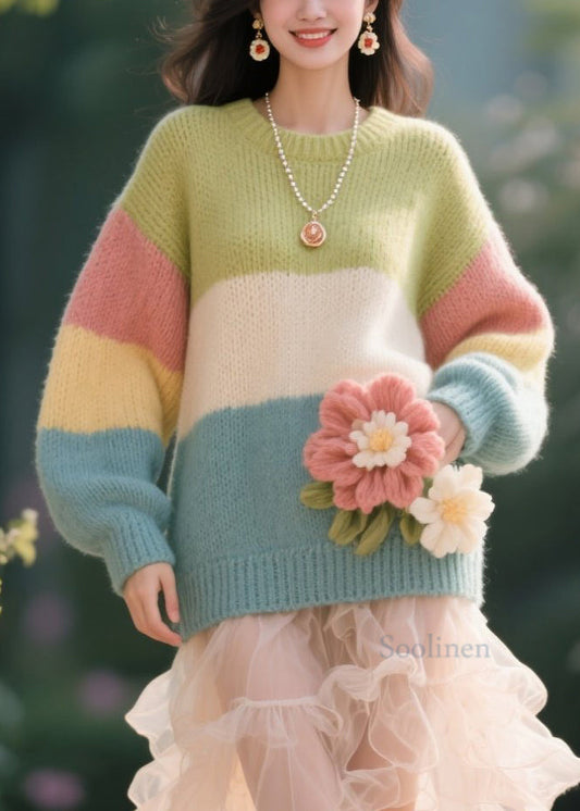 Women's Floral Sweater Round Neck Color Block Plus Size - OutfitLondon