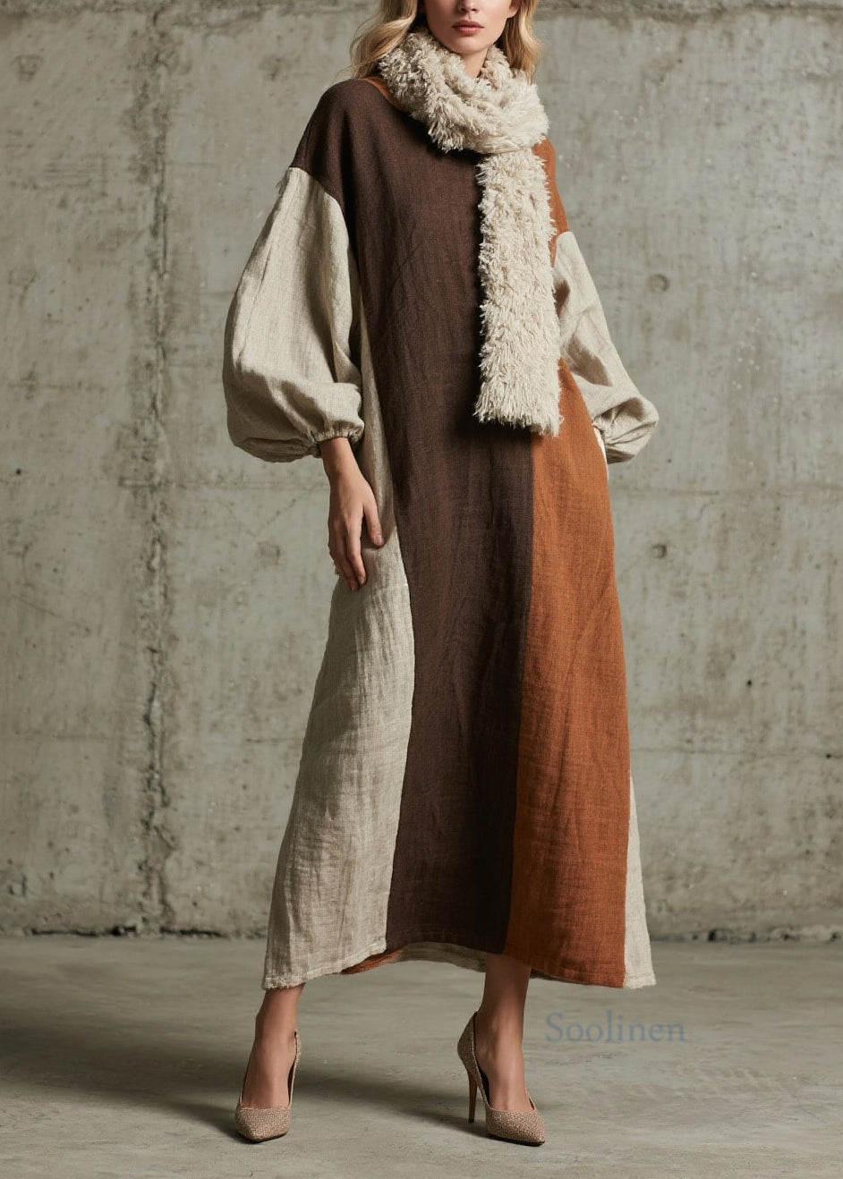 Women's Cotton Patchwork Maxi Dress Colorblock Autumn - OutfitLondon
