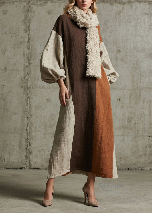 Women's Cotton Patchwork Maxi Dress Colorblock Autumn - OutfitLondon