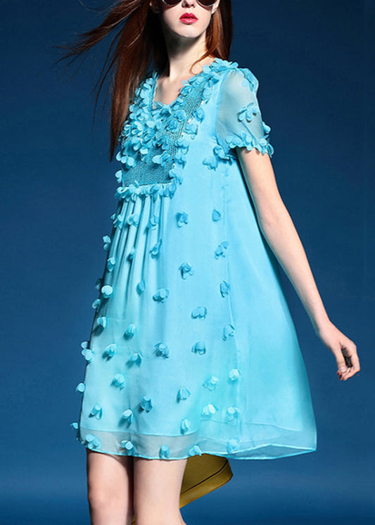Women's Blue Silk Chiffon Summer Dress Floral Sequin - OutfitLondon