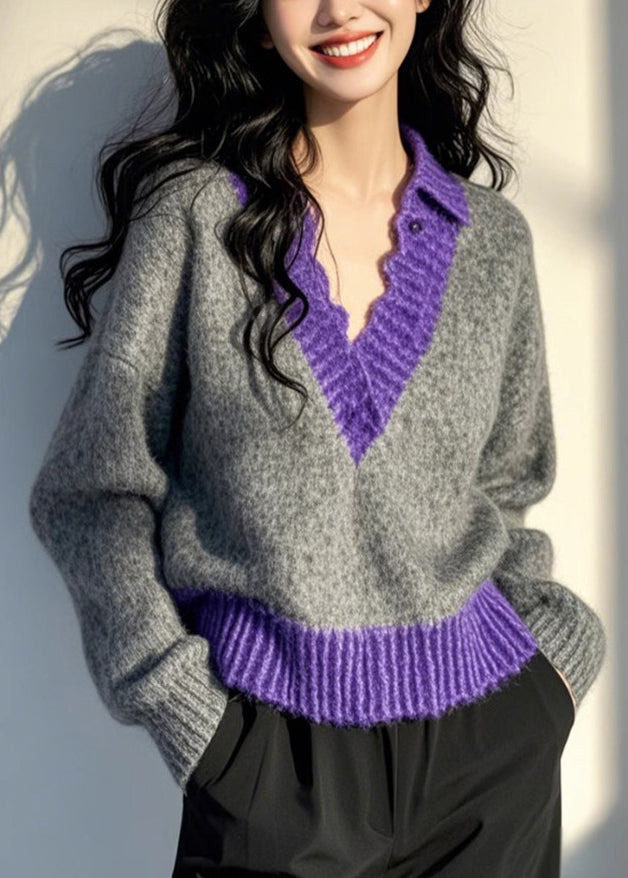 Women's V Neck Sweater Patchwork Knit Grey - OutfitLondon