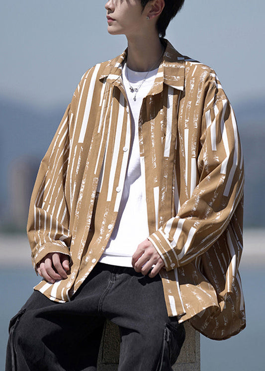 Men's Khaki Striped Cotton Shirt Relaxed Fit - OutfitLondon