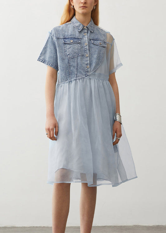 Women's Light Blue Patchwork Denim Dress Peter Pan Collar - OutfitLondon