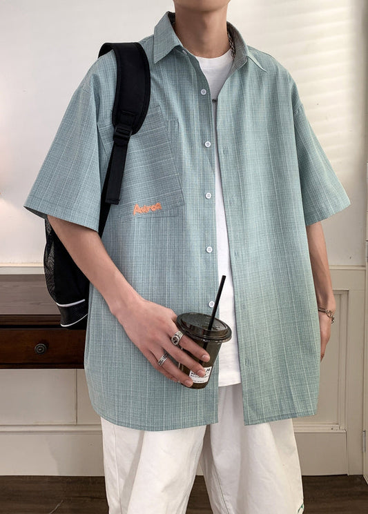 Men's Light Green Plaid Cotton Short Sleeve Shirt - OutfitLondon