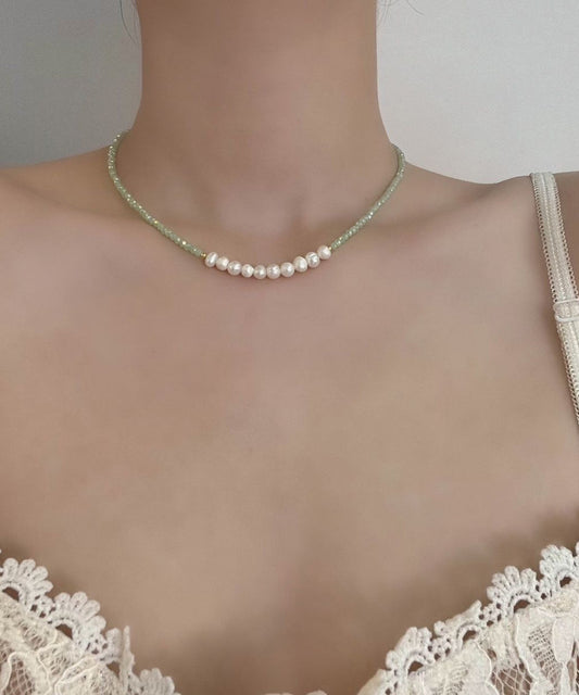 Women's Stainless Steel Crystal Necklace Light Green Graduated Beads - OutfitLondon