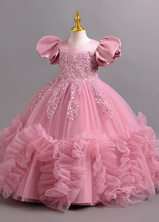 Girls Sequin Tulle Dress Rose Pink Long Gown - OutfitLondon