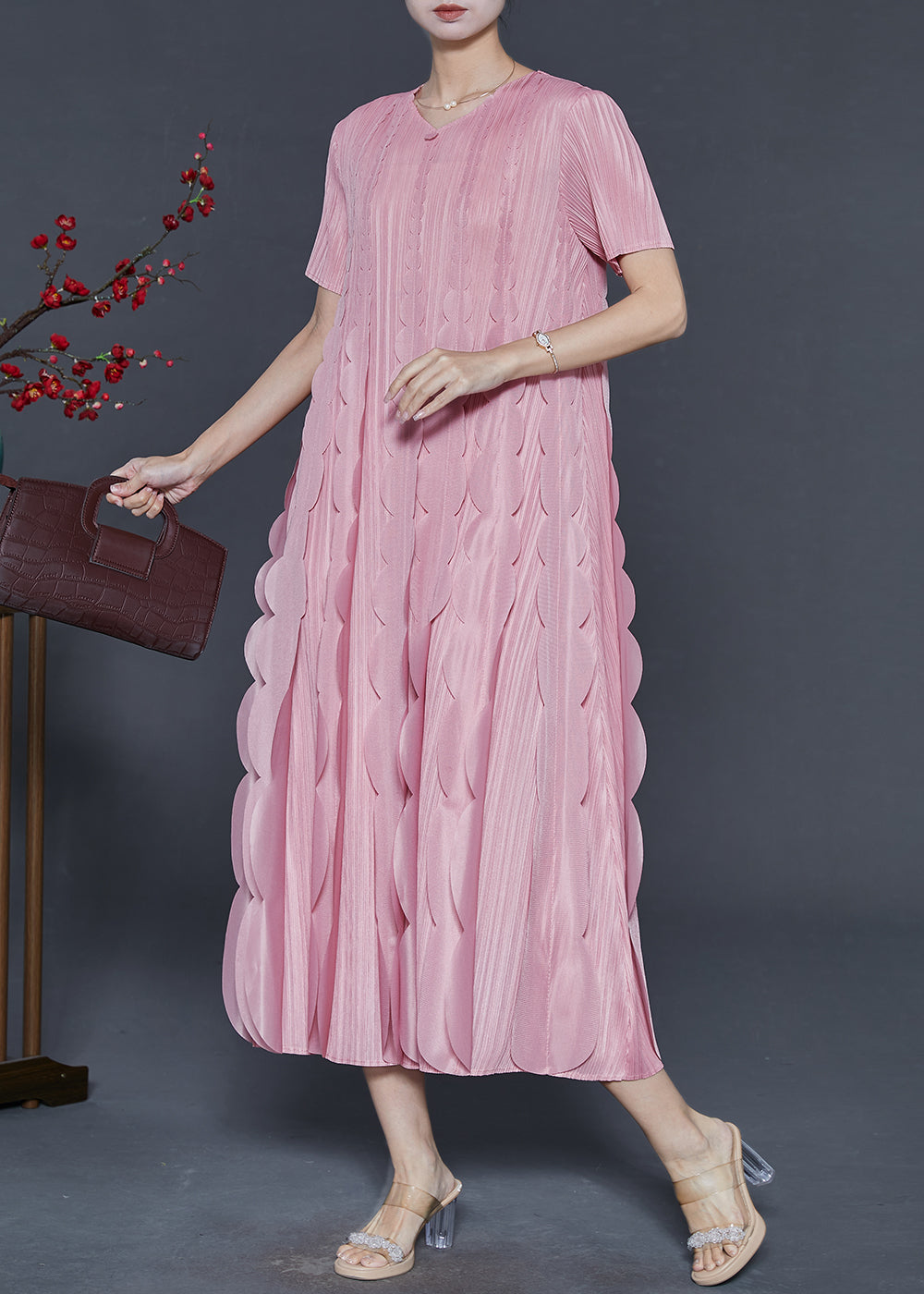 Women's Silk Trapeze Dress Pink Ruffles - OutfitLondon