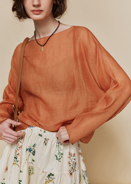 Women's Linen Shirt Round Neck Breathable Orange - OutfitLondon
