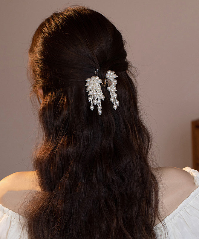 Women's Beaded Hairpin White Acrylic Pom Pom - OutfitLondon