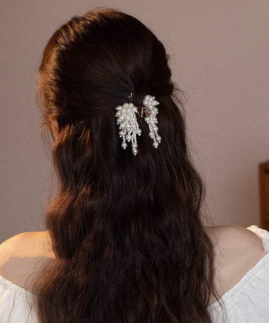 Women's Beaded Hairpin White Acrylic Pom Pom - OutfitLondon