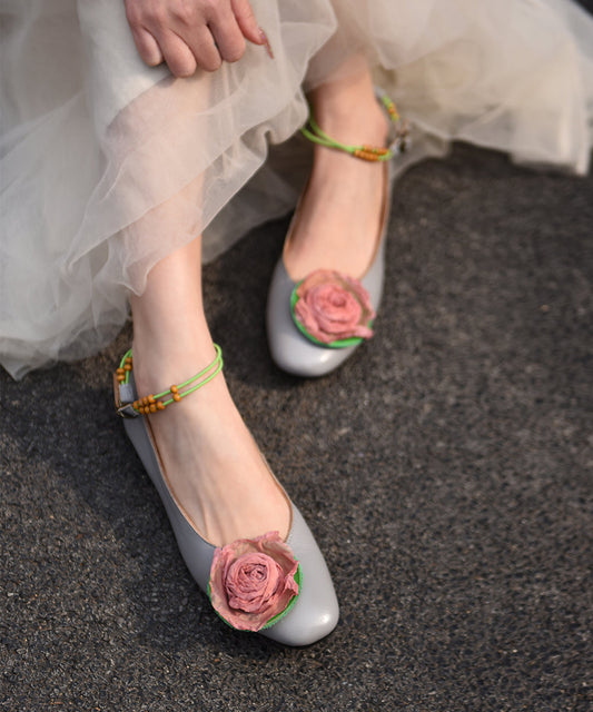 Women's Gray Leather Flats With Floral Details - OutfitLondon