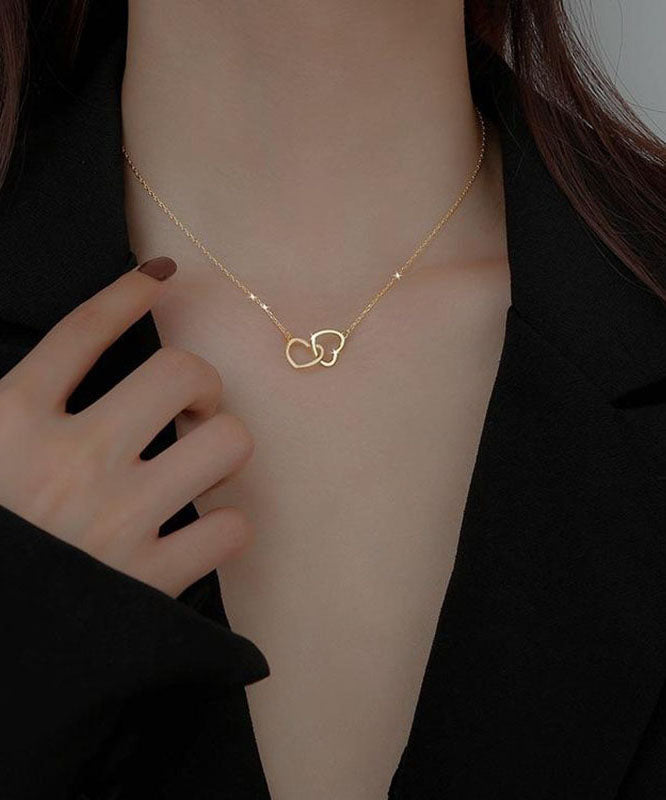 Women's Copper Gold Alloy Double Heart Pendant Necklace 48cm - OutfitLondon