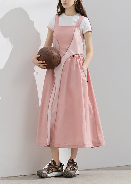 Women's Patchwork Summer Dress Pink Adjustable Waist - OutfitLondon