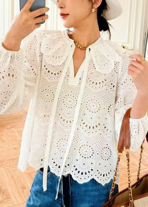 Women's Cotton Blouse White Eyelet Loose Fit - OutfitLondon