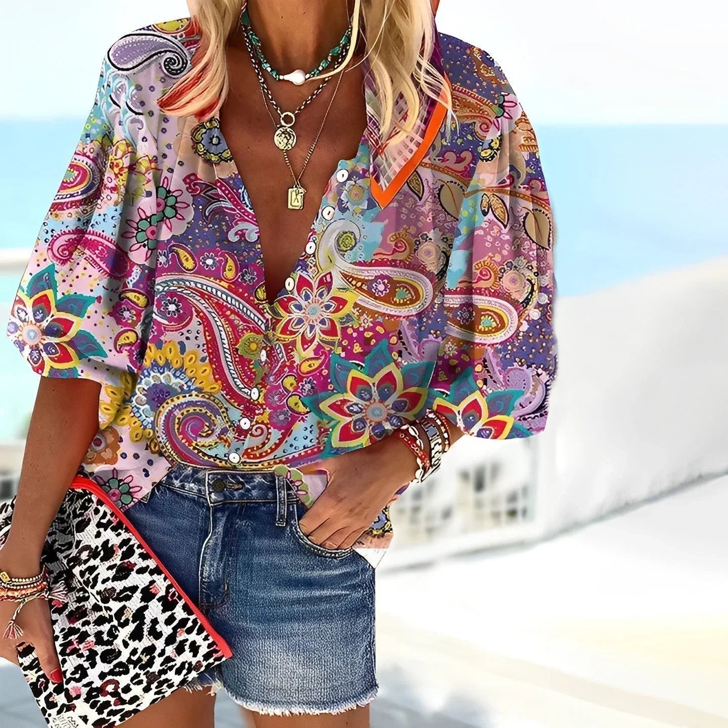 Relaxed Fit Boho Chic Blouse with Floral Pattern - OutfitLondon