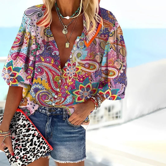 Relaxed Fit Boho Chic Blouse with Floral Pattern - OutfitLondon