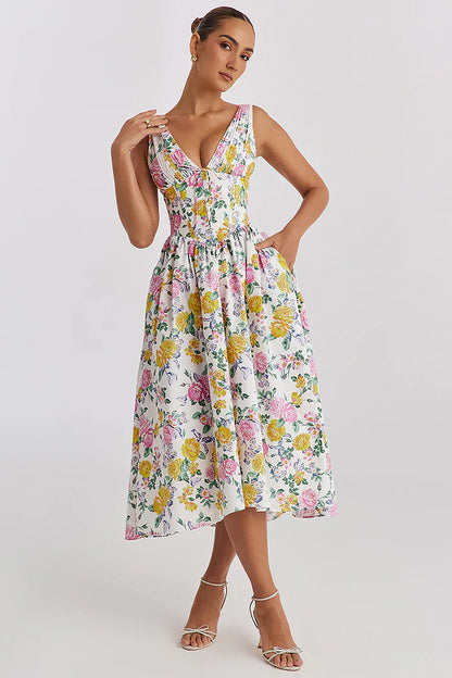 Orlita Dress | Floral Sleeveless Midi Dress with Fitted Bodice