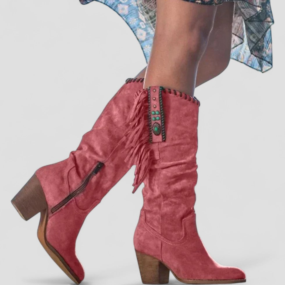 Comfortable Leather Fringe Tall Cowboy Boots for Women - OutfitLondon