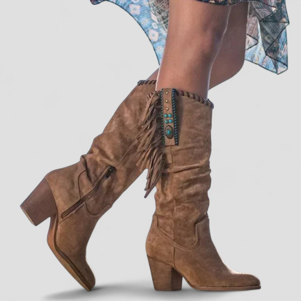 Comfortable Leather Fringe Tall Cowboy Boots for Women