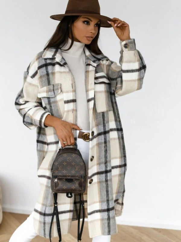 Warm Checked Wool Knee Length Women's Winter Coat - OutfitLondon