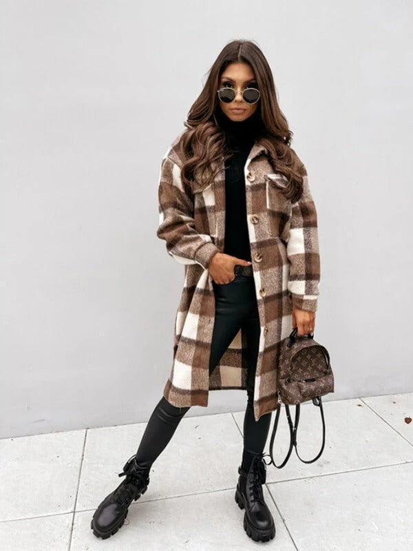 Warm Checked Wool Knee Length Women's Winter Coat