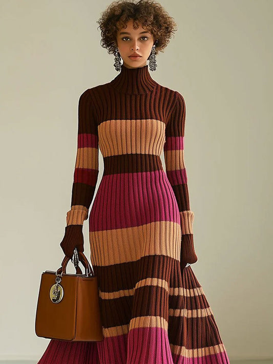 Classic Striped Knitted Midi Dress for Women - OutfitLondon