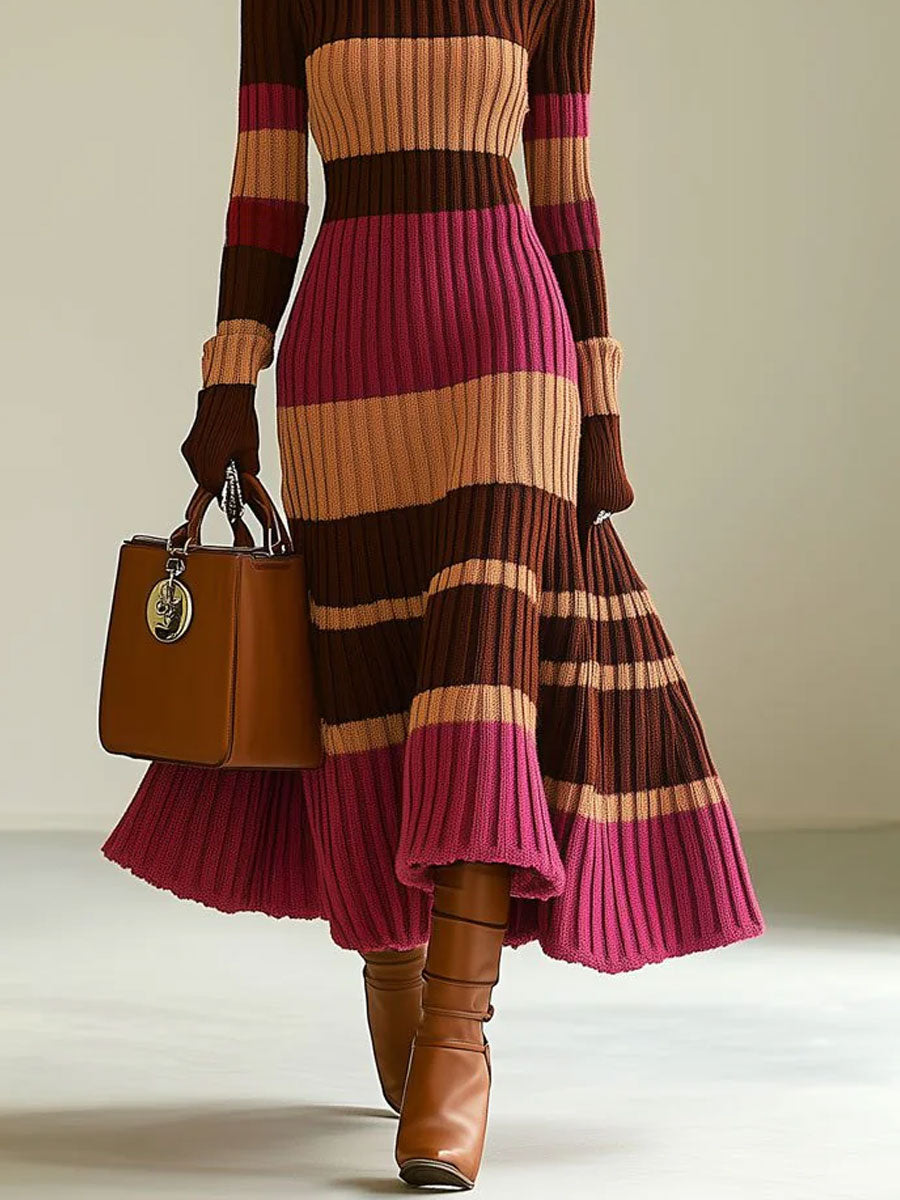 Classic Striped Knitted Midi Dress for Women