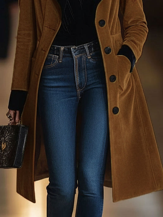 Classic Brown Suede Trench Coat with Black Trim - OutfitLondon