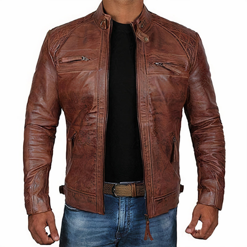 Tough Biker Leather Jacket with Zip Pockets - OutfitLondon